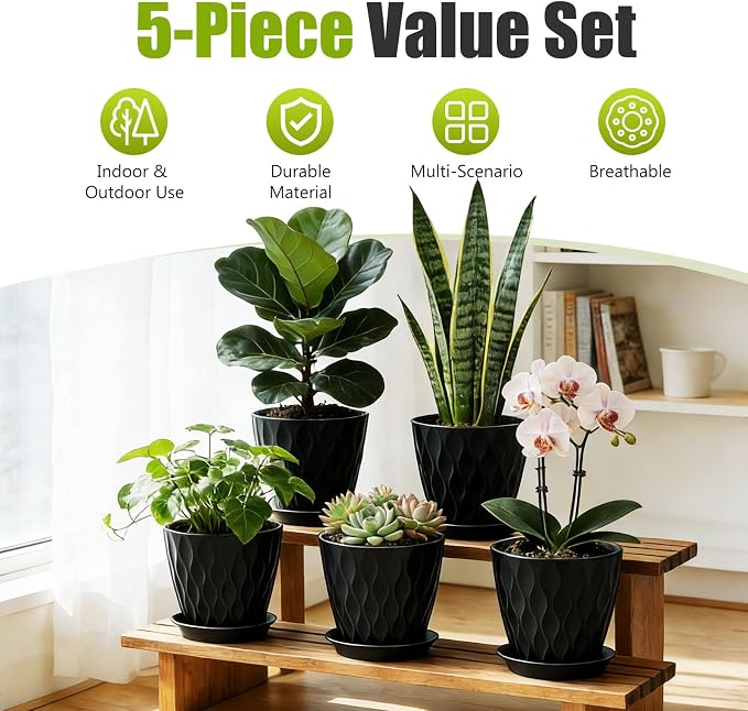 8 Inch Plastic Plant Pots,Set of 5 Flower Pots,Planters with Drainage Holes & Saucers, Indoor Outdoor Garden Pots for Home Decor (Black)