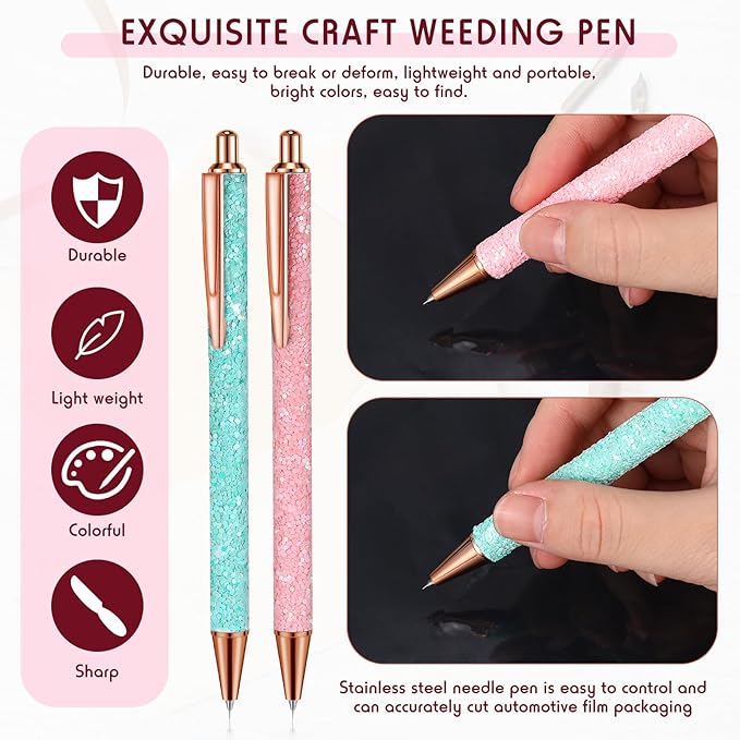 Epakh 2 Pieces Weeding Pen Vinyl Pen Pin Weeding Tool Fine Point Glitter Metal Vinyl Air Release or Car Puncturing Installation Retractable Craft Tool for DIY(Pink, Lake Blue)