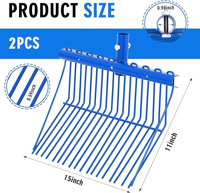 Tandefio 2 Pack Manure Fork Replacement Head Metal Pitchfork Horse Manure Rake Garden Pitch Fork Replacement Head with Angled Tines for Horse Stall Poop Picking up(Blue)