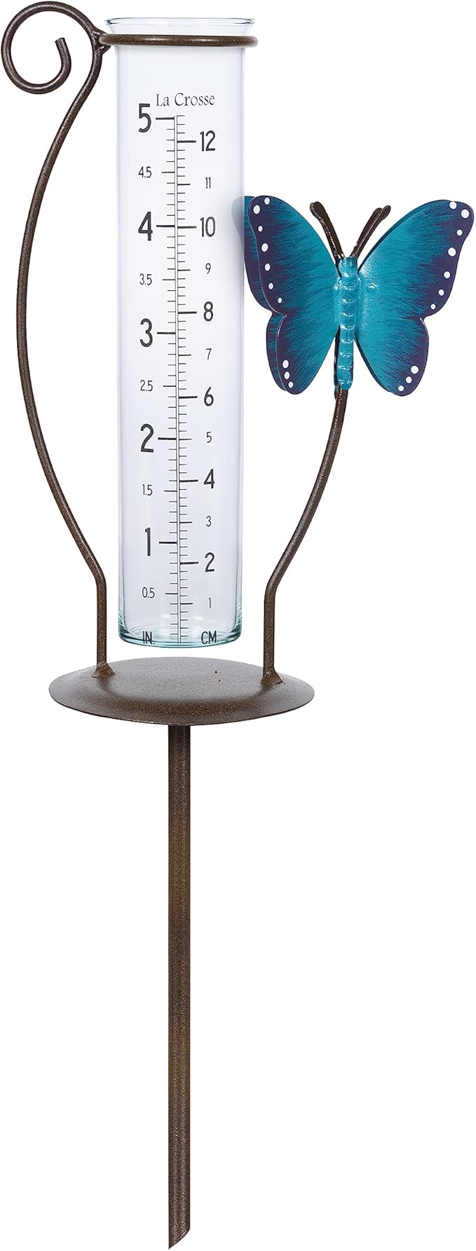 La Crosse 704-4645B 5 inch Capacity Glass Blue Butterfly Rain Gauge with Ground Rod