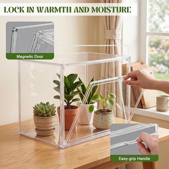 Novabright Mini Greenhouse Indoor, Clear Portable Tabletop Green House with Magnetic Door for Seed Starting, Plant Grow Warmer and Home Gardening Display(15.6 x 11.8 x 9.8 Inch)
