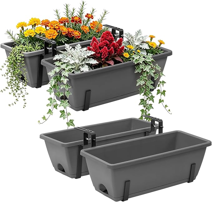 Sunexinlo 4-Pack Railing Planter Boxes with Double-Sided Adjustable Brackets, Plastic Rectangular Flower Boxes with Drainage Holes and Trays for Outdoor Balcony, Deck, Patio, Porch, Fence, Gray