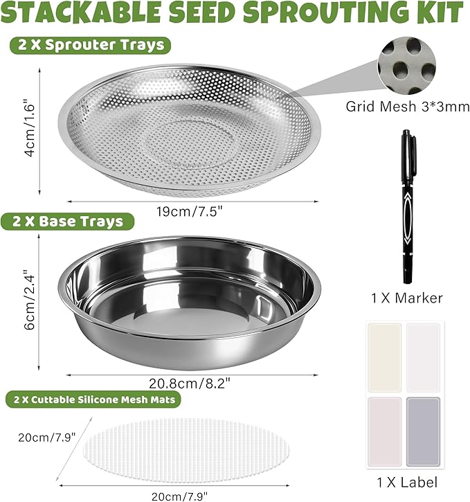 2 Pack 304 Stainless Steel Round Seed Sprouter Trays, 2-Tier Soil-Free Microgreens Growing Kit, Rust-Free Sprouting Tray with Cover Lids & Mesh Pads for Sprouts Beans Alfalfa Wheatgrass