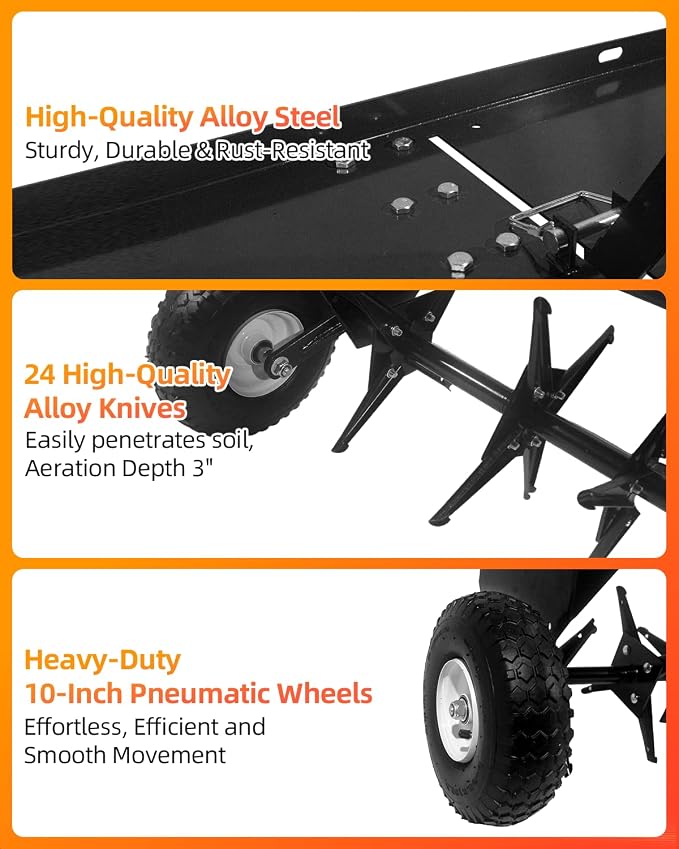 40" Tow Behind Aerator, Pull Behind Lawn Aerator Tool with Universal Hich, 24 Rust-Proof Knives & Heavy-Duty Tires, Plug Aerator for Yard & Garden Compacted Soil, Fits Lawn Tractors, ATV, UTV, Black
