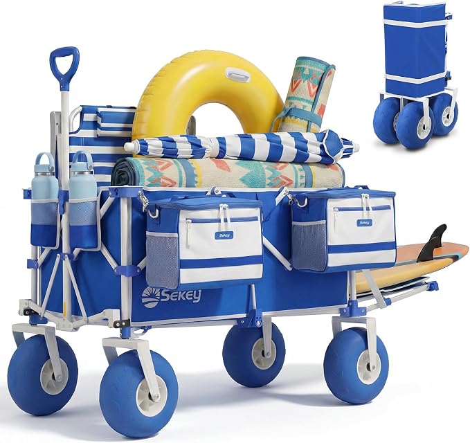 Sekey Heavy Duty Beach Wagon with 9" Big Sand-Proof Wheels, 300L Oversized Foldable Beach Cart with Cooler| Adjustable Handle & Balloon Tires for Sand, Camping,Vacation