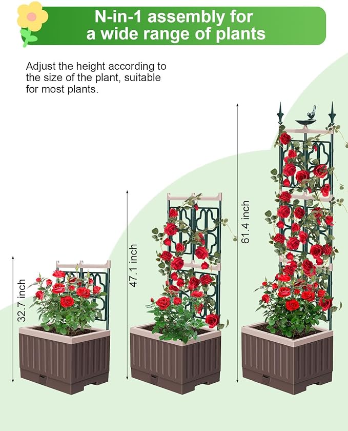 Raised Garden Bed Planter Boxes with Trellis,61.4" Self-Watering Trellis with Planter Box for Climbing Plants Flowers Vegetables,Use for Indoor Outdoor