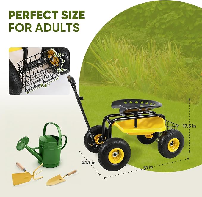 Sekey Garden Cart Rolling Workseat, Heavy Duty Garden Scooter with 360° Swivel Seat & Adjustable Height, Tool Tray & Storage Basket, 440 lbs Capacity, All-Terrain Wheels, for Seniors & Gardeners