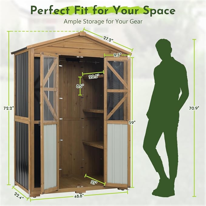 Outdoor Wooden Storage Shed Cabinet with 6 Adjustable Shelves | 48.8'' Tall Outdoor Cabinets with Lockable Double Doors, Transparent Window, Hooks, Reinforced Structure, Waterproof Roof