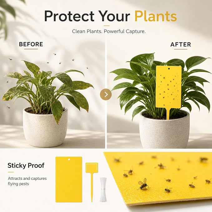 Qualirey 250 Pcs Yellow 6 x 8 Inch Sticky Traps for Gnats Dual Sided Fruit Fly Sticky Traps for Indoor and Outdoor Plant with Twist Ties and Plastic Holders for Fungus Gnats, Bug, Flying Insect