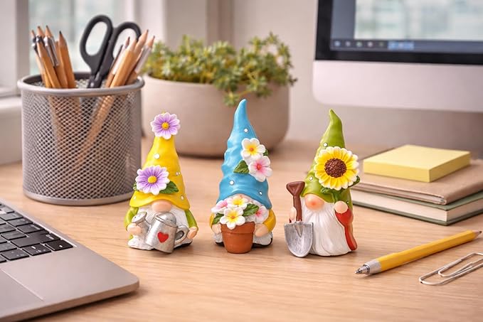 Hodao Summer Decorations for Home - Colorful Garden Gnomes Figurines with Flowers & Tools – Spring Summer Indoor Decor for Table, Lawn, Window Sill – Gift for Garden Lovers