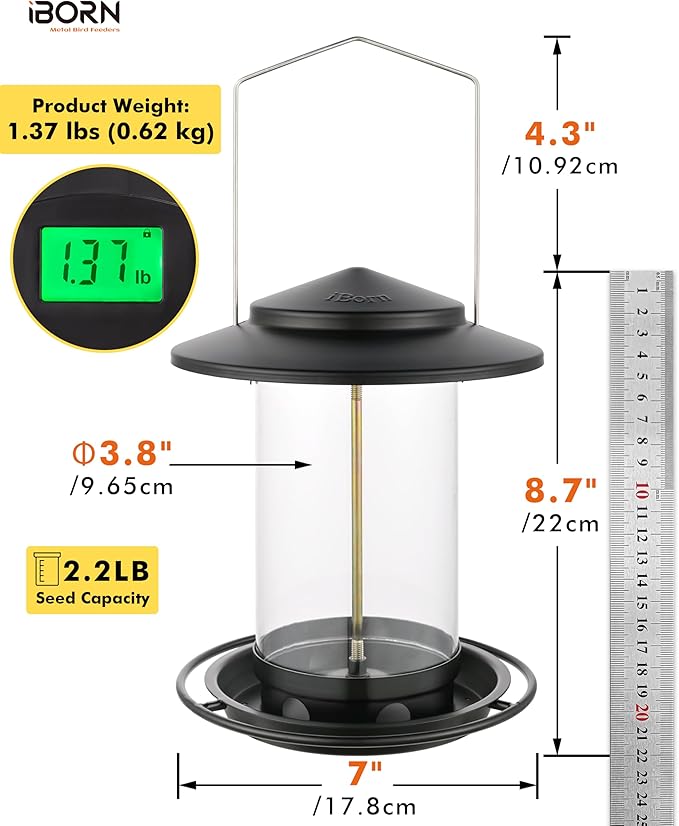 iBorn Metal Bird Feeders for Outdoors Hanging,Wild Bird Feeders for Cardinal,18cm Large Roof&Tray Black 6 Port (Seed is not Included)