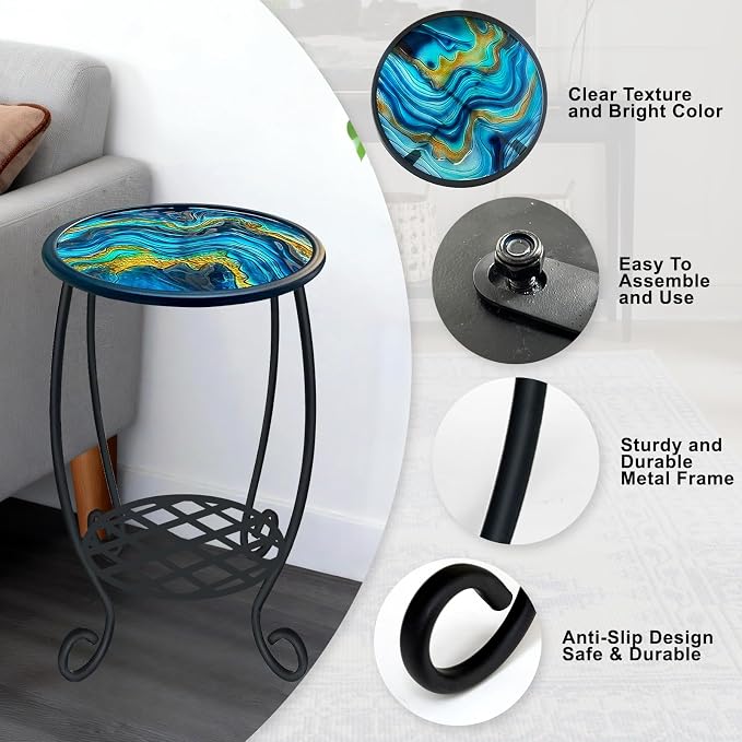 LIFFY Patio Side Tables,14" Indoor Outdoor Metal Side Table with Glass Tabletop,Round Decorative Plant Stand & Accent Table for Garden, Yard, Balcony, Backyard, Porch