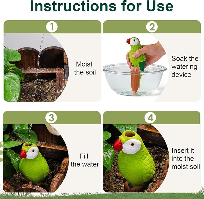 MCleanPin 4 Pack Self Watering Spikes and Globes, Handmade Terracotta Parrot Self-Watering Plant Devices with Slow Release System, Automatic Plant Water Bulbs for Indoor and Outdoor Garden Vacation