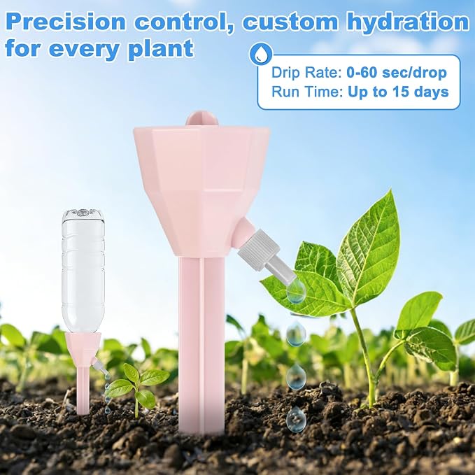 M METERXITY 4-Pack Self Watering Spikes for Plants, 5.3 Inch Plastic Plant Watering Devices with 4 Stoppers for Indoor/Outdoor Pots, Garden Water Planter System [Pink]