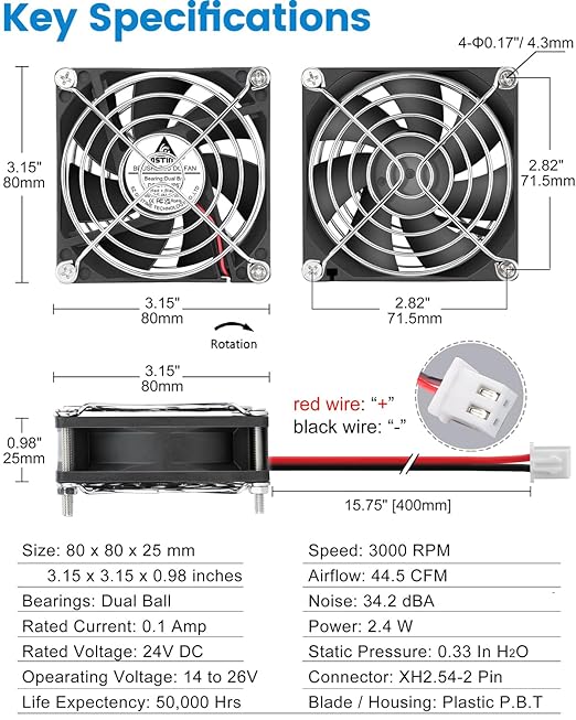 GDSTIME Waterproof Fan 80mm x 25mm IP67 Rating 24V Small Dual Ball Bearing Brushless DC Case Fans 2 Pin for RV Fridge Cooling Mini Greenhouse Ventilation, 2-Pack