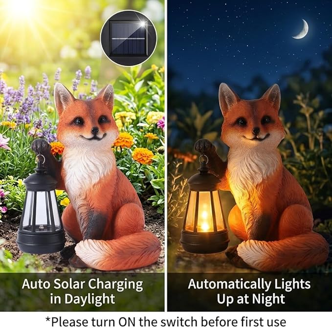 Solar Fox Garden Statue, 9 Inch Resin Animal Figurine with Lantern, Outdoor Solar Light Decor for Patio, Yard, Porch, Walkway, Lifelike Woodland Fox Sculpture for Garden Art (Red)