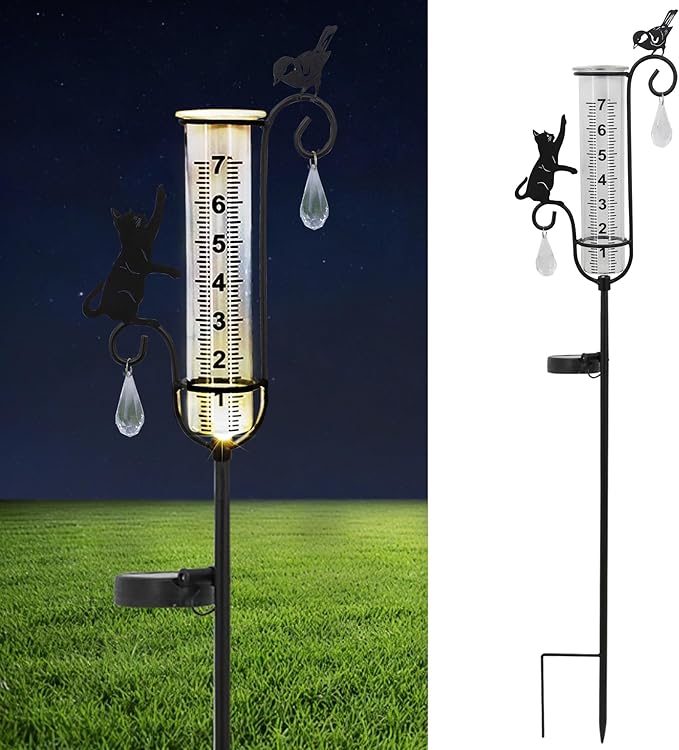 33" Solar Garden Rain Gauge - 7" Glass Tube for Outdoor Indoor Use, Patio Yard Decor Statue,Metal Cat & Bird Rain Gauge.