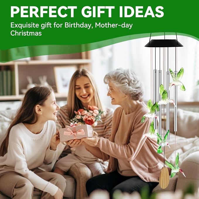Wind Chimes for Outside, Solar Lights Outdoor Waterproof, Color Changing Hummingbird Light for Yard, Outdoor, Patio, Garden Decor, Wind Mobiles Gardening Gifts for Women, Mom, Wife, Green Hummingbird