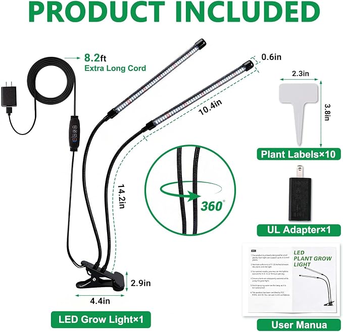 Full Spectrum 84 LED Grow Light for Indoor Plants, 6500K Plant Light with 4/8/12/18H Timer, 10 Dimmable Levels & 3 Modes, Clip-On with UL Adapter & 8.2FT Long Cord
