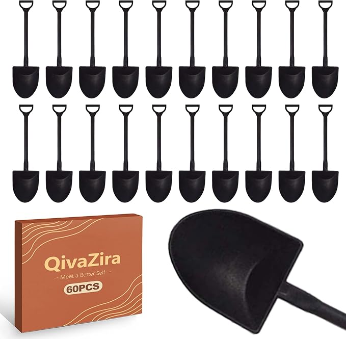 60 Pcs Mini Shovel Spoons Plastic Disposable Dessert Tasters for Ice Cream Cake Pudding Cups Potting Soil Party Appetizer Tasting Spoons Supplies Black