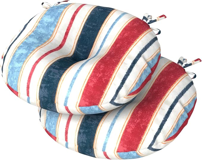 DYTXIII Set of 2 Outdoor Round Chair Cushions 15"x15"x4" with Ties, Water Repellent Tufted Bistro Seat Cushions, Thick Patio Chair Pads for Bar Stool, Garden & Dining Furniture - Stripe Red Blue