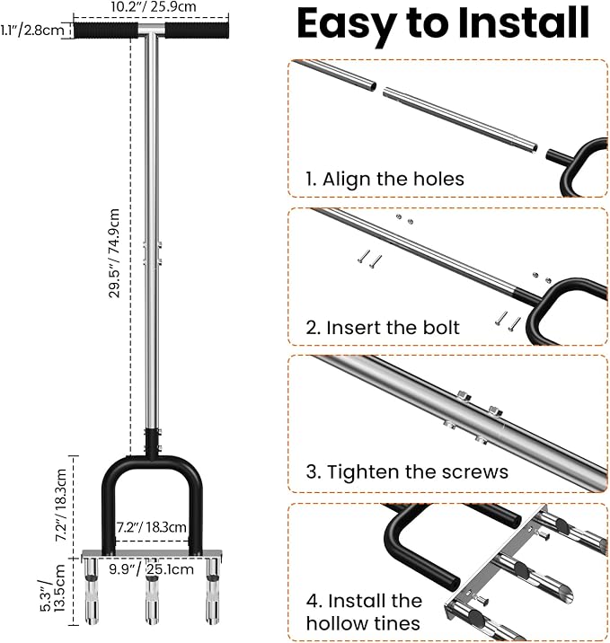 Lawn Aerator, Stainless Steel Lawn Aerator Tool with 3 Hollow Tines, Yard Grass Soil Core Aerator, Manual Lawn Plug Aerators, Core Aeration Tool for Lawn Garden Compacted Soil (Black)