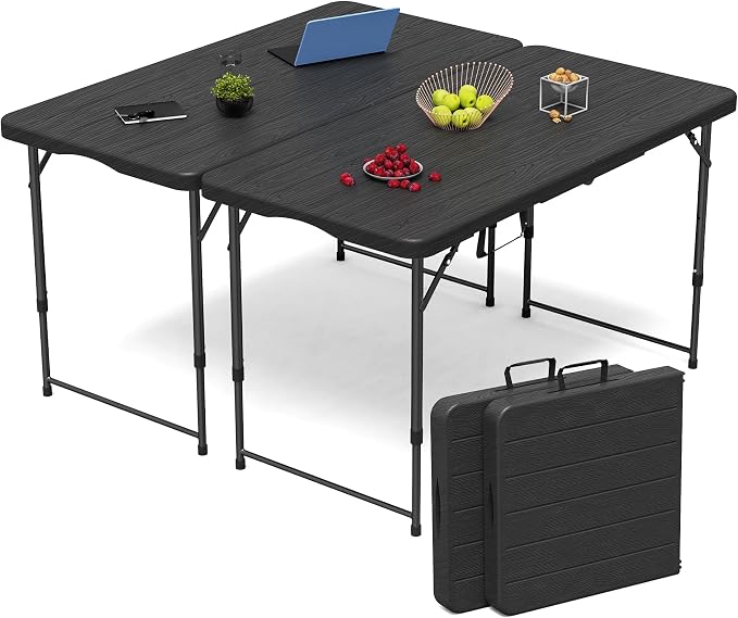VSOAEIL Set of 2Folding Table 4 Foot for Indoor Outdoor, Portable Heavy Duty Fold-in-Half Utility Small Plastic Adjustable Height Folding with Carrying Handle for Picnic and Party, 2 Pack Matte Black