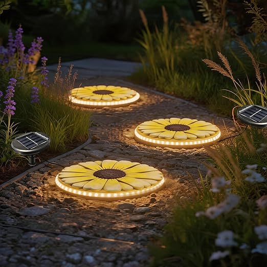 Solar Stepping Stone that Lights Up at Night, 10" Cement Daisy Flower Garden Path Stone, Non-Slip Weather-Resistant Outdoor Yard Walkway Decor (Yellow)