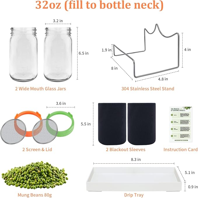 Seed Sprouting Kit with Mung Beans 80g, 2 Large Wide Mouth Mason Jars with Sprout Lids, Blackout Sleeves, Drain Tray, Stainless Steel Stand, Sprouts Growing Kit for Growing Bean Alfalfa Sprout Seeds