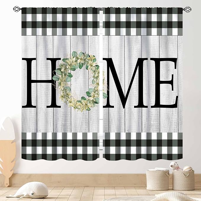 Farmhouse Curtains, Rustic Black White Checkered Plaid Wood Board Country Cottage Old Plank Botanical Wreath Drapes Window Curtains for Living Room Bedroom Kitchen Home 2 Panels, 42"x45" Inch