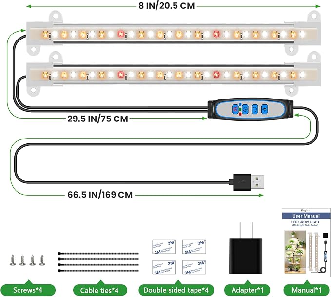 Wiaxulay 8 inches Grow Light Strip, 56 LEDs Full Spectrum Grow Lights for Indoor Plants, Under Cabinet Grow Lamp with Auto Timer 6/12/16 Hrs, 3 Lighting Mode, Ideal for Seedling, Plant Stand, 2 Bars