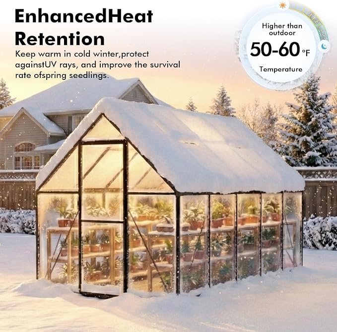 6×10FT Greenhouse for Outdoors, Walk-in Greenhouse and Winter Garden Planting, Polycarbonate Greenhouse with Electronic Thermometers, Withstands Strong Wind or Snow to Protect Vegetable or Plants