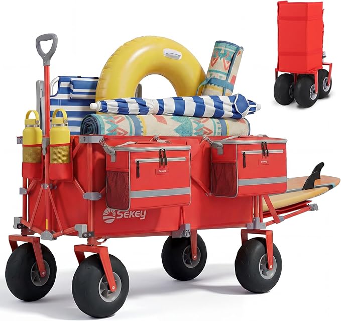 Sekey Heavy Duty Beach Wagon with 9" Big Sand-Proof Wheels, 300L Oversized Foldable Beach Cart with Cooler| Adjustable Handle & Balloon Tires for Sand, Camping,Vacation