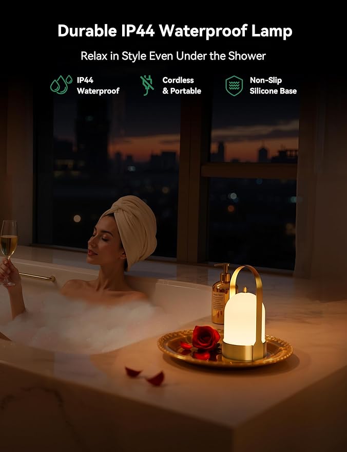Tubicen Rechargeable Table Lamp Waterproof Outdoor Lantern Portable 4000mAh Battery Operated Camping Lamp Brass 4-Level Touch Dimmable Cordless Outdoor Table Lamp for Bedroom Bathroom Patio Balcony