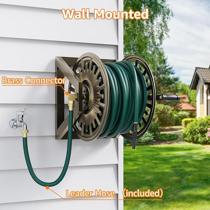 GOFORWILD Heavy-Duty Decorative Garden Hose Reel - Wall/Floor Mount with 200-Ft Capacity for 5/8 Hose Outdoor Hose Holder Winder for Lawn, Yard & Garden Storage