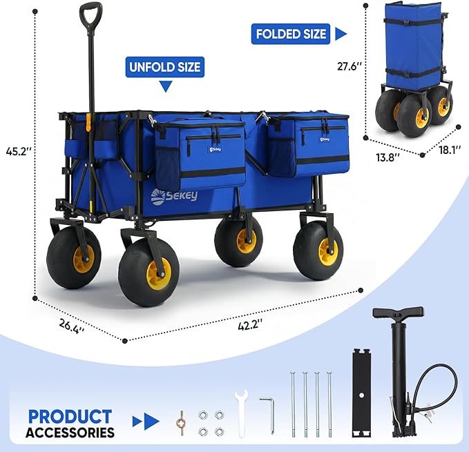 Sekey Heavy Duty Beach Wagon with 9" Big Sand-Proof Wheels, 300L Oversized Foldable Beach Cart with Cooler| Adjustable Handle & Balloon Tires for Sand, Camping,Vacation
