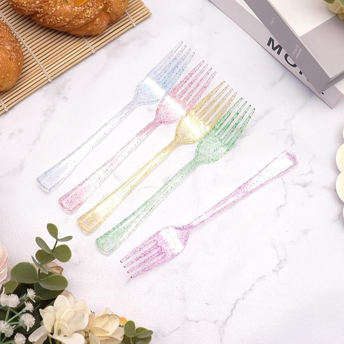 50 Pcs CLear Pastel Plastic Forks, Pastel Plastic Silverware, Heavy Duty Plastic Cutlery Set Disposable Utensils Sets for Brithday, Wedding, Tea Party, Garden Party
