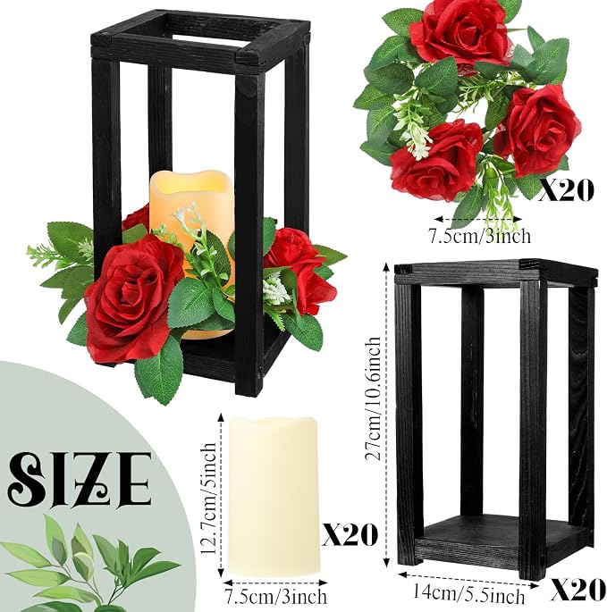 Hushee 60 Pcs Integrated Wedding Lantern Centerpiece Rustic Wooden Holder with Candles and Rings Farmhouse Candle Lantern Decor for Home Valentine Wedding Party Table Decor (Black and Red)