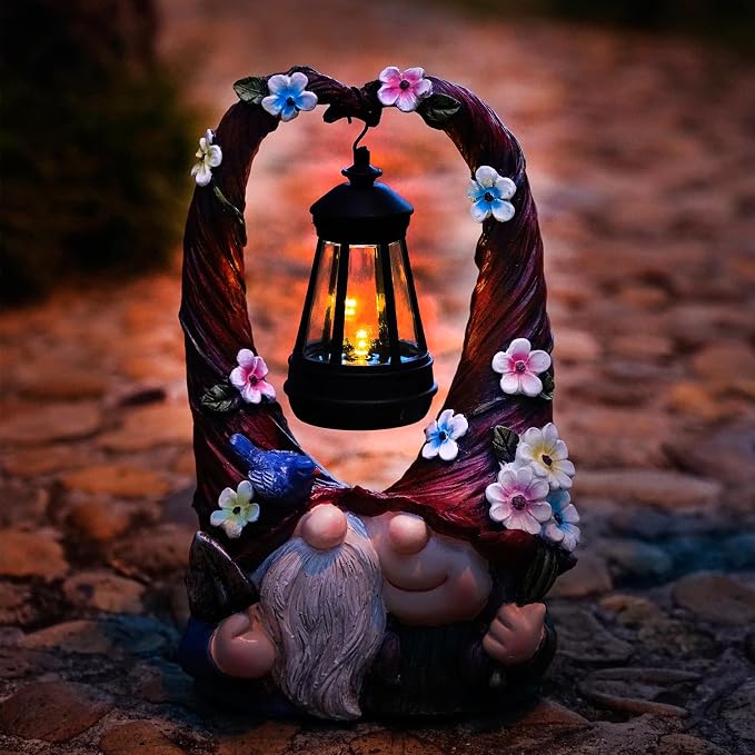 Joint Honglin Solar Garden Gnome Statue with Hanging Lantern - Dual Gnome Couple Figurine with Flower Arch, Waterproof Resin Yard Art Decor for Patio, Lawn, Porch, Whimsical Gardening