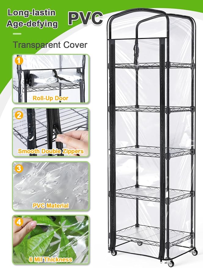 5-Tier Mini Greenhouse with Caster Wheels, Each Shelf Height Adjustable Metal Plant Shelf with PVC Cover for Seed Starting Trays, Seedling Pots, Plant Pots, 11x16x57inch
