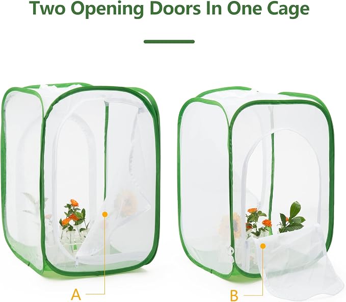 Two Doors Large Monarch Butterfly Habitat, Insect Mesh Cage, Caterpillar Enclosure Terrarium Pop-up (24 x 24 x 36 inches)