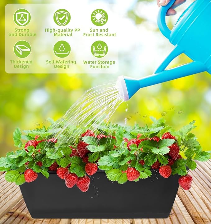 LOCONHA Window Box Planter, Plastic Vegetable Flower Planters Boxes 17 Inches Rectangular Flower Pots with Saucers for Indoor Outdoor Garden, Patio, Home Decor (7, Dark Grey)