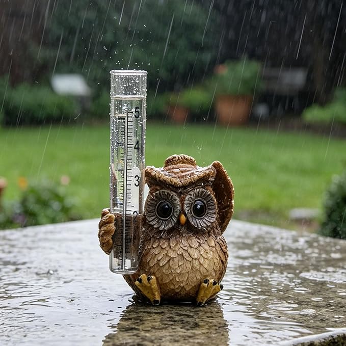 Owl Rain Gauge for Yard Patio, Cute Small Rain Collector Decorative, Unique Outdoor Gardening Garden Ornament with Tube for Home Garden, Deck, Porch, Backyard, Patio & Lawn (Khaki)