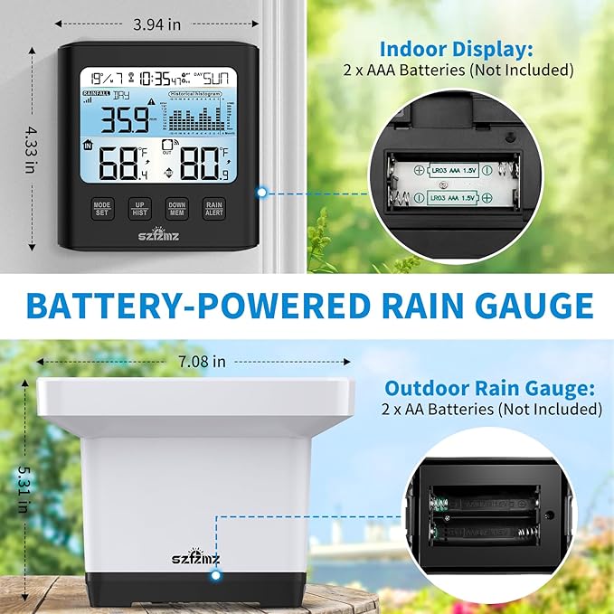Wireless Rain Gauge Outdoor with Self-Emptying, Backlight, Thermometer, Rain Collector Monitoring Rainfall, Digital Rain Gauge for Yard, Electronic Rain Measure Gauge, Freeze Proof Rainfall Measurer