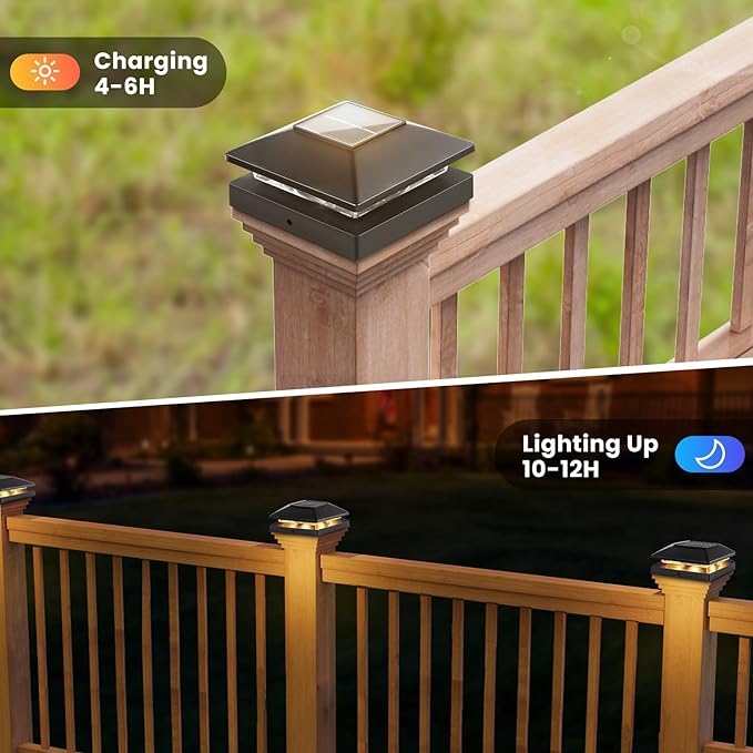 Solar Post Cap Lights Outdoor 6pack, Black Waterproof Solar Powered Deck Fence Post Lights Fit 4x4 Wood/Vinyl Posts, Bright Warm White Solar Post Lights Decorate Deck, Patio, Porch, Fence