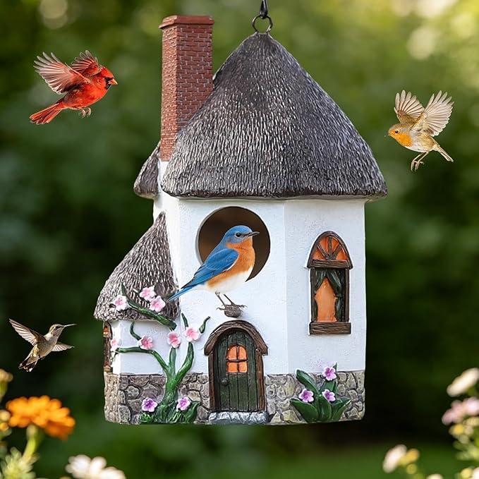 Bird Houses for Outside Rustic Cottage Birdhouse with Chimney Thatch Roof – Hand-Painted Resin Birdhouses for Outdoors for Bluebird Finches Cardinals Bird Nesting Garden, Patio, Yard