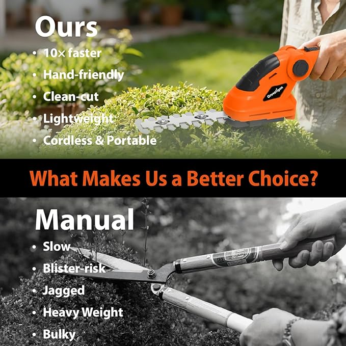 Grasstigon 7.2V Hedge Trimmer Cordless, 2 in 1 Grass Shear Handheld, Electric Bush Trimmer, Lightweight Rechargeable Shrub Trimmer for Garden Yard Lawn (Orange)
