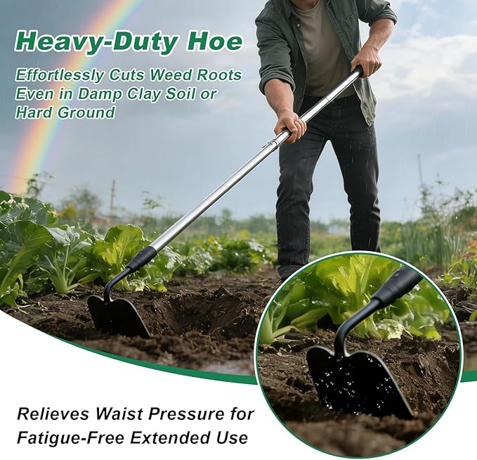 Garden hoe heavy duty for weeding，Hoe garden tool 37.8''-66.1'' Adjustable with 7.1inch Wide Welded Blade，Hoes for gardening with Long Stainless Steel Handle for Digging Loosening Weeding Planting