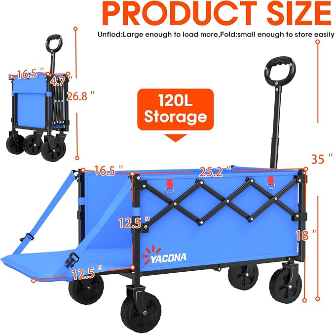 Yozoia 360LBS Heavy-Duty Wagons Carts Foldable 120L Collapsible Wagon Cart with Wheels and Tailgate, Folding Utility Wagon Carts for Groceries, Outdoor Camping, Shopping, Beach, Garden
