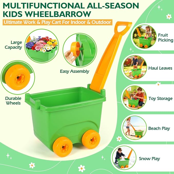 FHOZGECY Kids Gardening Set with Wheelbarrow, Metal Gardening Tools with Apron, Gloves, Watering Can, Repotting Mat, Flower Pots, Outdoor Backyard Play Learning Toys for Boys Girls Ages 3-8
